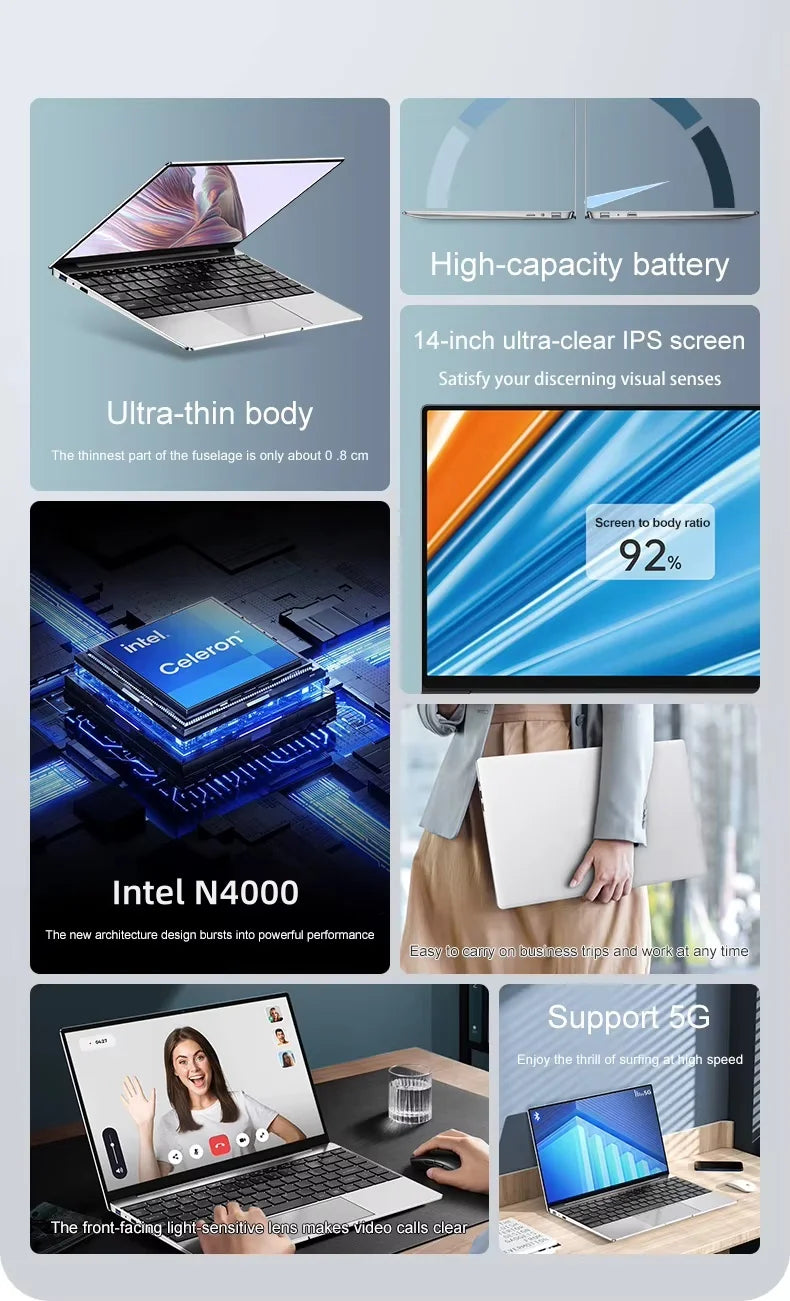 Laptop Computer Windows 11 Pro Intel Celeron N4000 2025 Notebook PC Gamer 12GB DDR4 512GB 1TB SSD 1920*1080 Office Computer PC