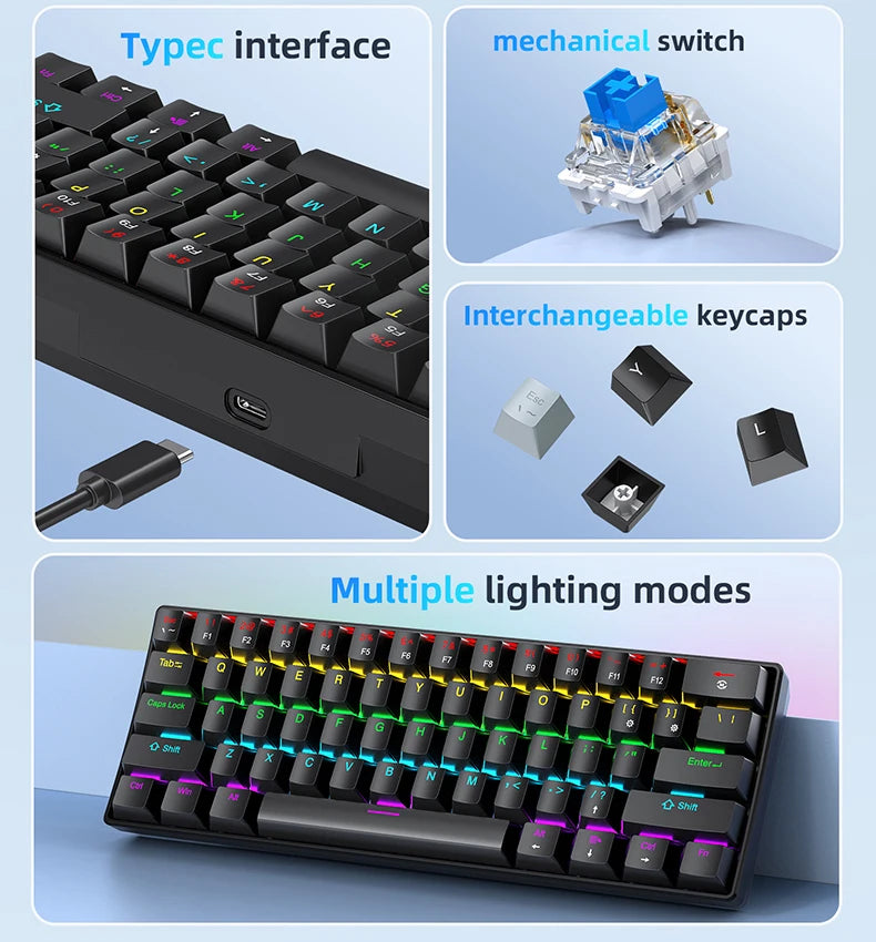 60% Portable Wired Mini Mechanical Keyboard, APAYADO K61 Mini Keyboard Wired,61 Keys Phantom RGB,Black,White,Red,Red/Blue Switch