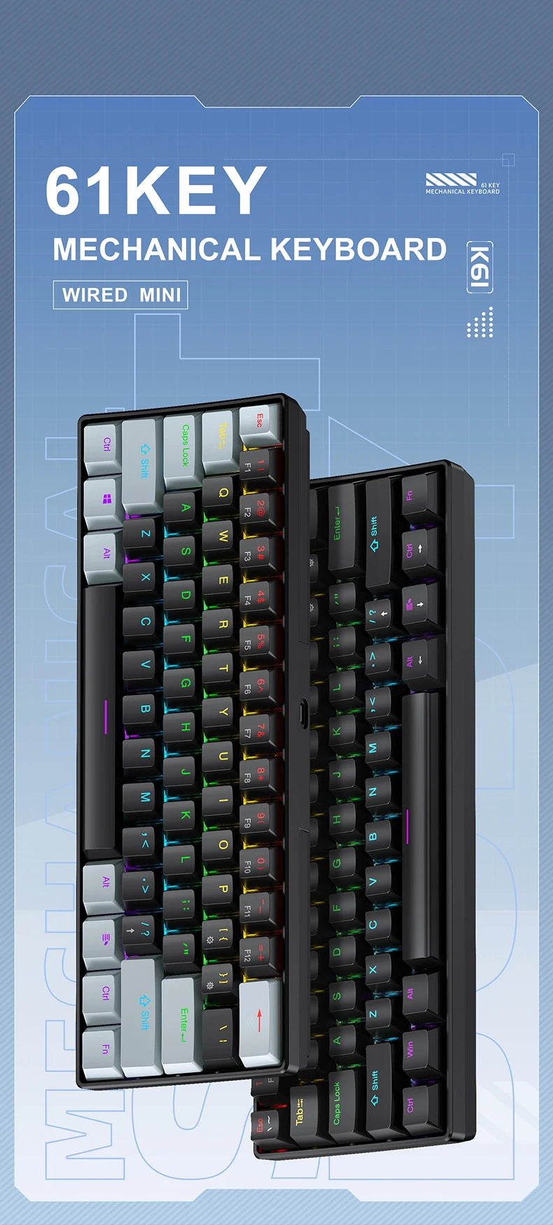 60% Portable Wired Mini Mechanical Keyboard, APAYADO K61 Mini Keyboard Wired,61 Keys Phantom RGB,Black,White,Red,Red/Blue Switch