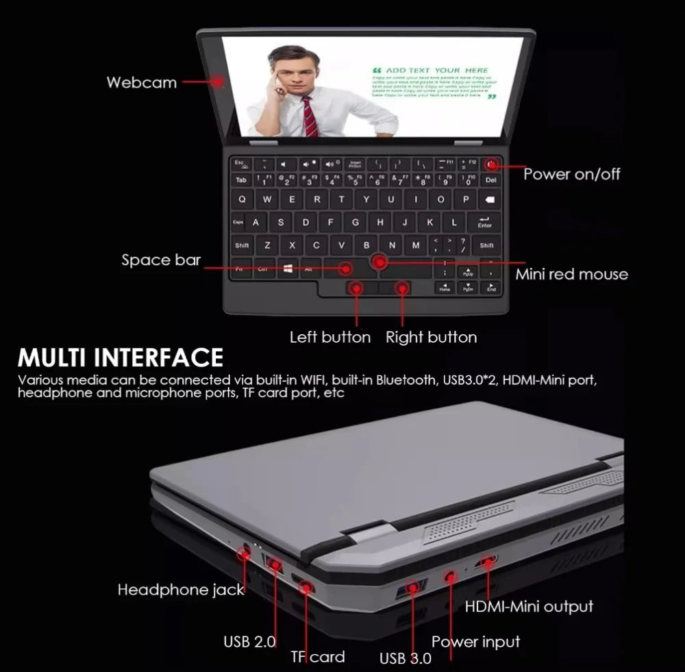 2025 Portable Mini Notebook Laptop Micro Computer 7 Inch Touch Screen Intel N100 16GB+512GB IPS Netbook Win 11 Pro PC 2.0MP CAM