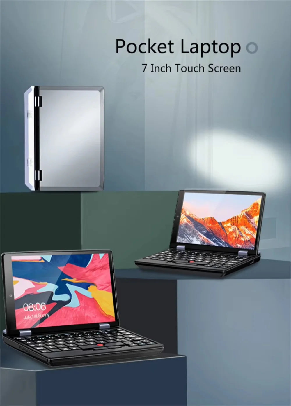 2025 Portable Mini Notebook Laptop Micro Computer 7 Inch Touch Screen Intel N100 16GB+512GB IPS Netbook Win 11 Pro PC 2.0MP CAM