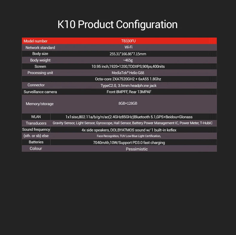 Global Rom Lenovo Tab K10 M11 Wifi MTK Helio G88 Zhaoyang Multi Language 10.95-inch 90hz 400nits Face Recognition 7040mAh