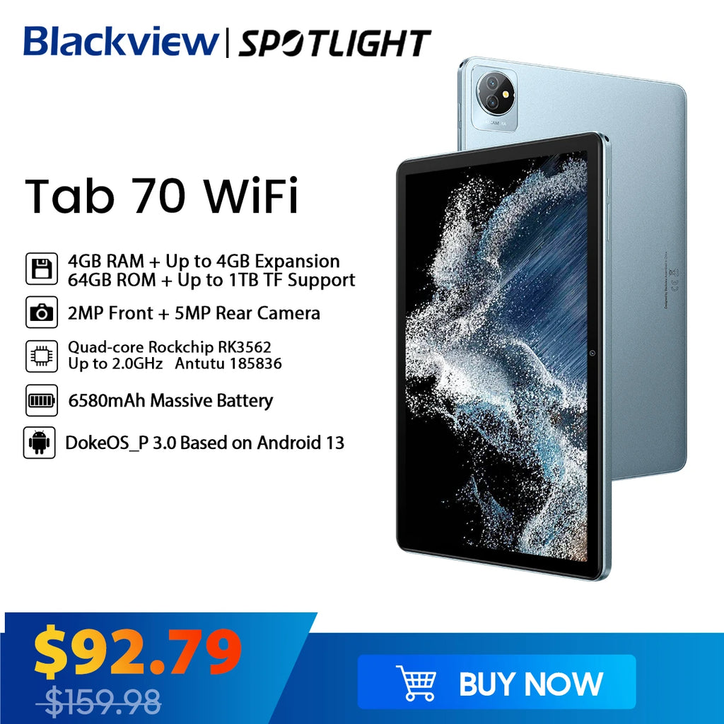 Blackview Tab 70 WIFI Android 13 Tablet PC 4GB 64GB 10.1 inch HD+IPS Display 6580mAh 2.4G/5G WiFi
