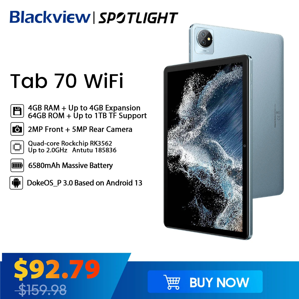 Blackview Tab 70 WIFI Android 13 Tablet PC 4GB 64GB 10.1 inch HD+IPS Display 6580mAh 2.4G/5G WiFi