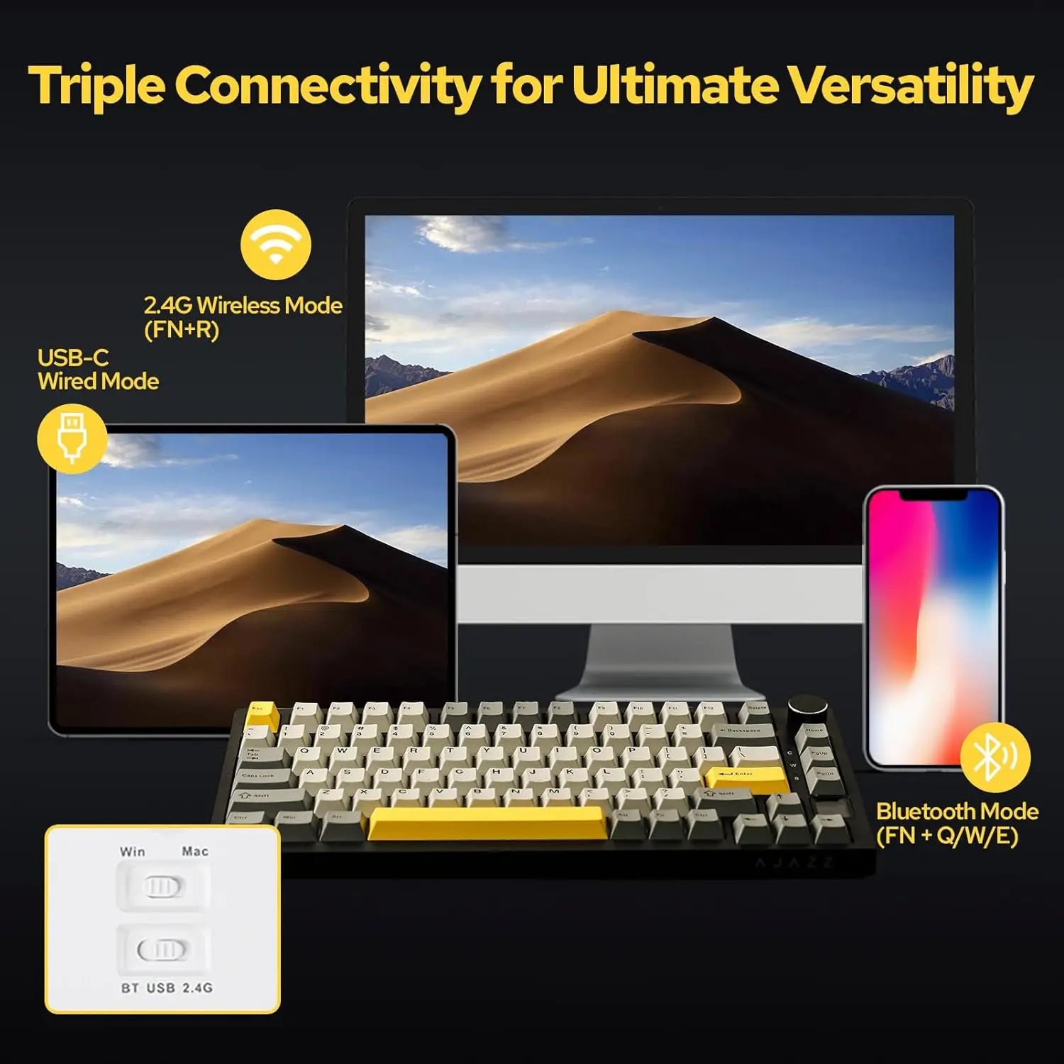 AJAZZ AK820/AK820Pro Mechanical Keyboard TFT Screen Multifunctional Knob Gaming Keyboard Wired/2.4GHz/BT Connect PC Keyboard