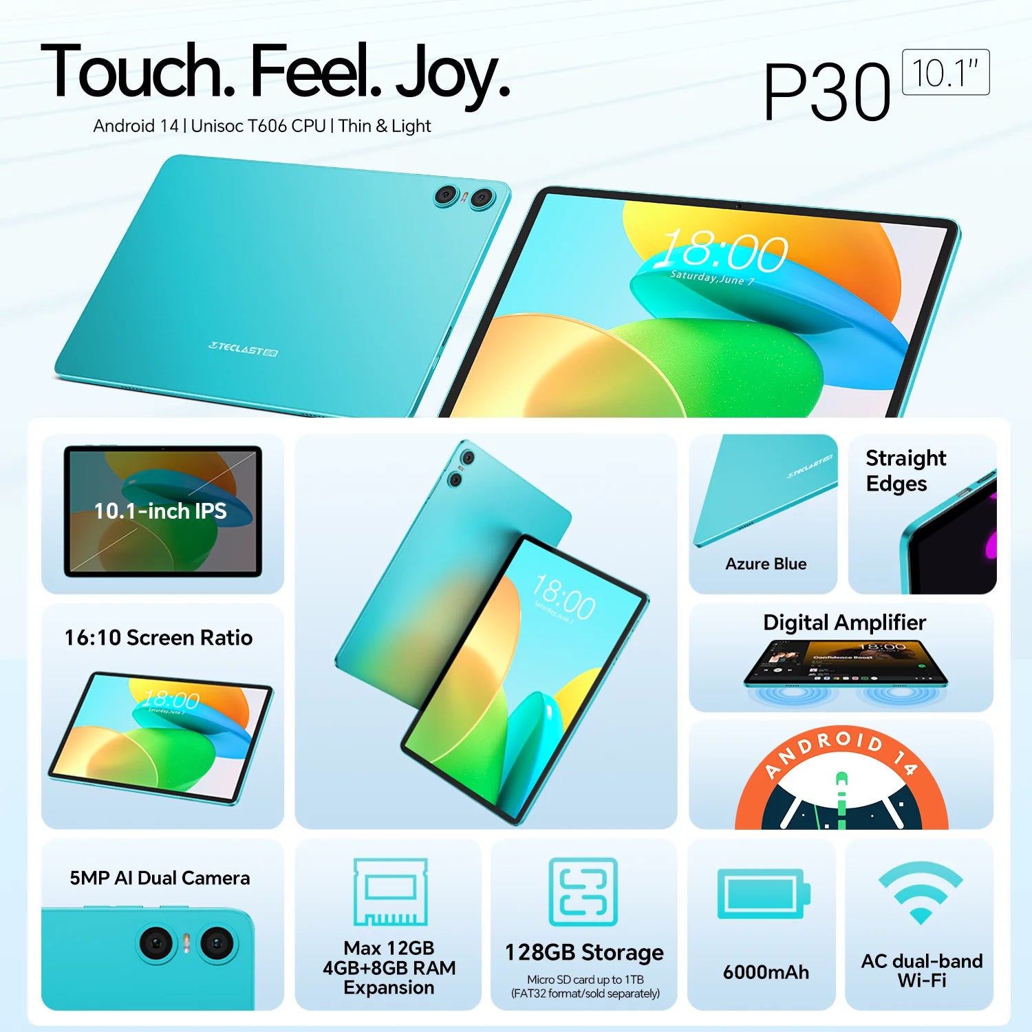 Teclast P30 Android 14 Tablet 10.1 Inch, (4Gb+8Gb Expansion)12Gb Ram, 128Gb Rom, Unisoc T606, Dual Cameras, Face Unlock