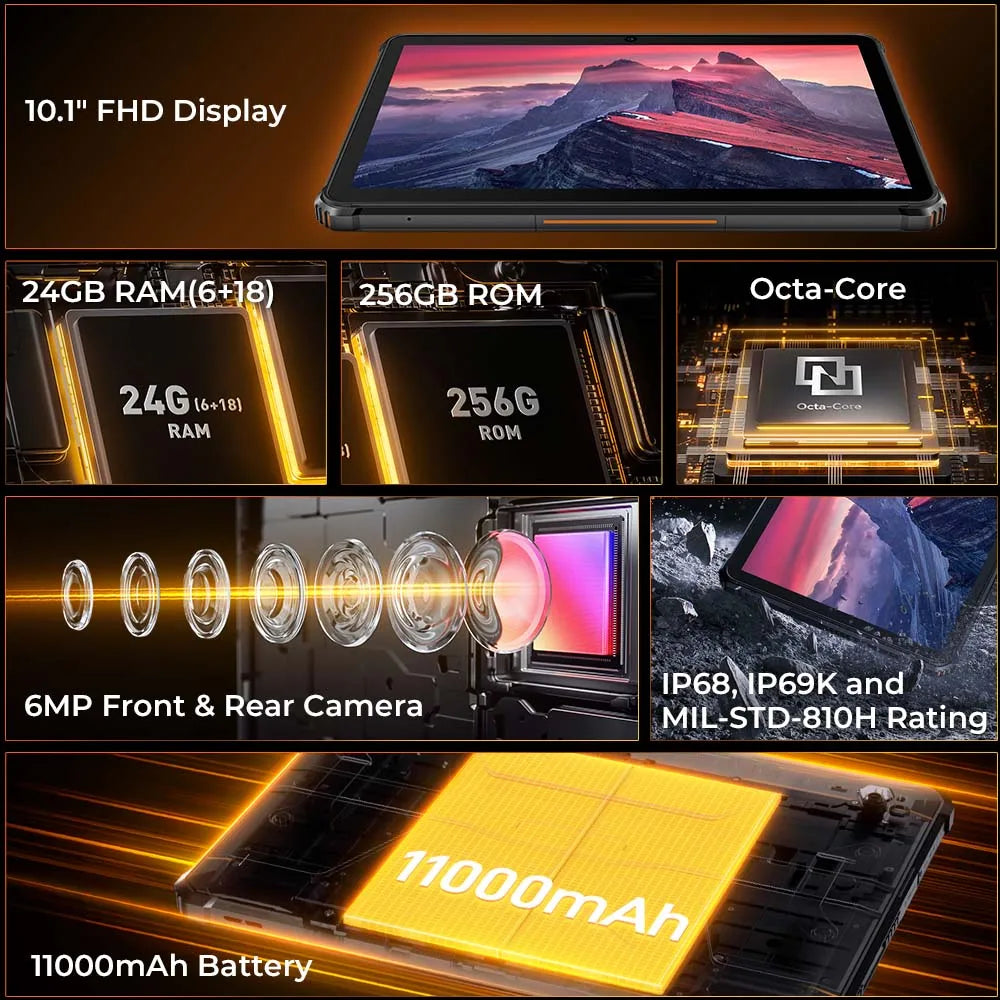 Oukitel RT9 10.1" HD Display Rugged Tablet 11000mAh Battery 24GB RAM 256GB ROM Rugged Table Android 14.0 Tablet PC