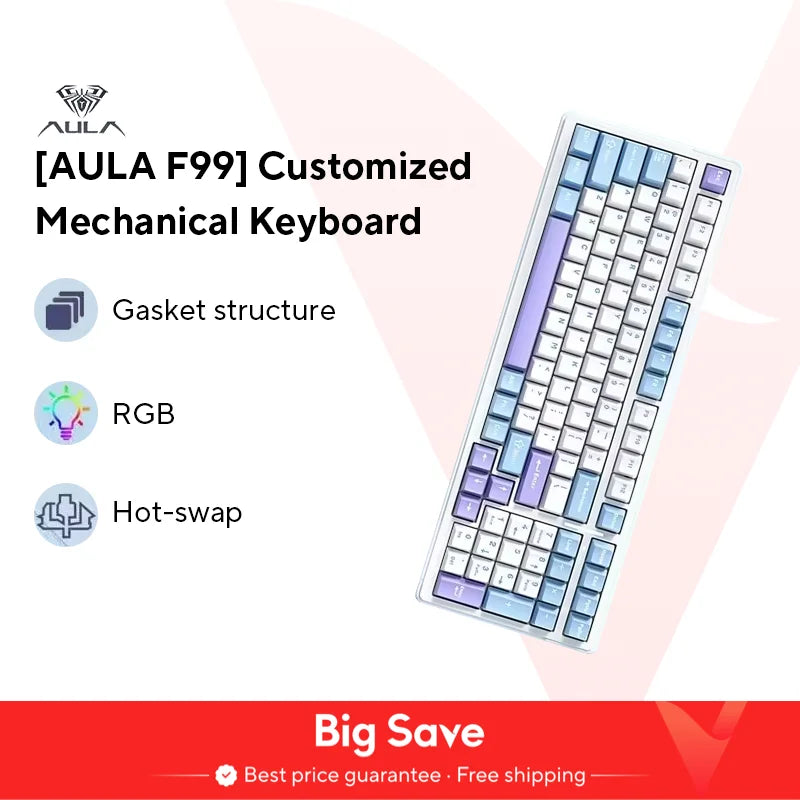Aula F99 Gaming Mechanical Keyboard Three Mode 2.4g Wireless Bluetooth Wired Hot Swap PBT Gasket RGB For PC Laptop Gamer 99 Keys