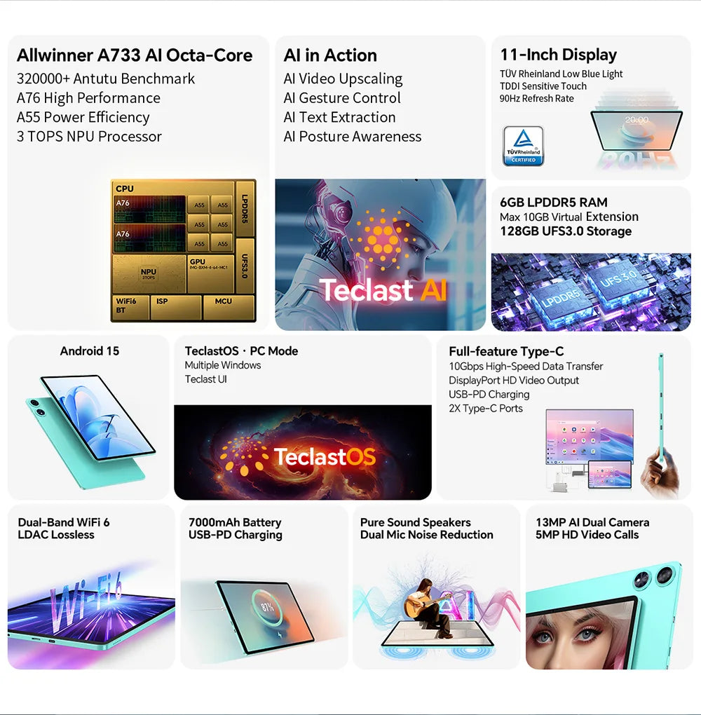 Teclast P50 AI Tablet (Allwinner A733 8-core 1.8GHz/6GB RAM/128GB ROM/10.92inch/WIFI6/7000mAh/Type-C/13MP+5MP Camera/Android 15)