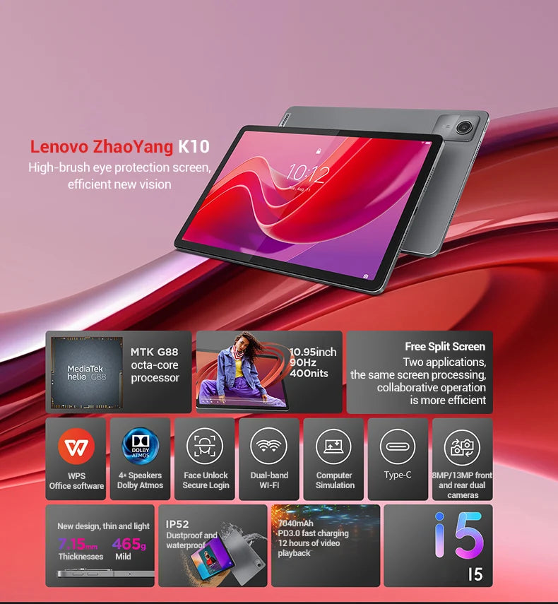 Global Rom Lenovo Tab K10 M11 Wifi MTK Helio G88 Zhaoyang Multi Language 10.95-inch 90hz 400nits Face Recognition 7040mAh