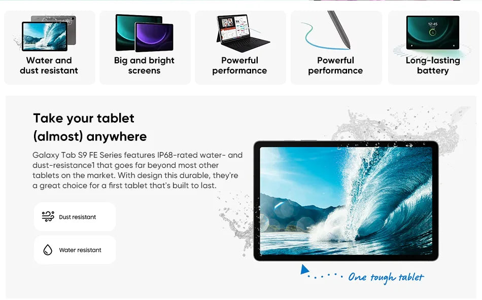 Samsung Galaxy Tab S9 FE 6GB+128GB Android Tablet 10.9" 90 Hz Screen IP68 Rating 45W Fast Charging 8000mAh Battery Exynos 1380