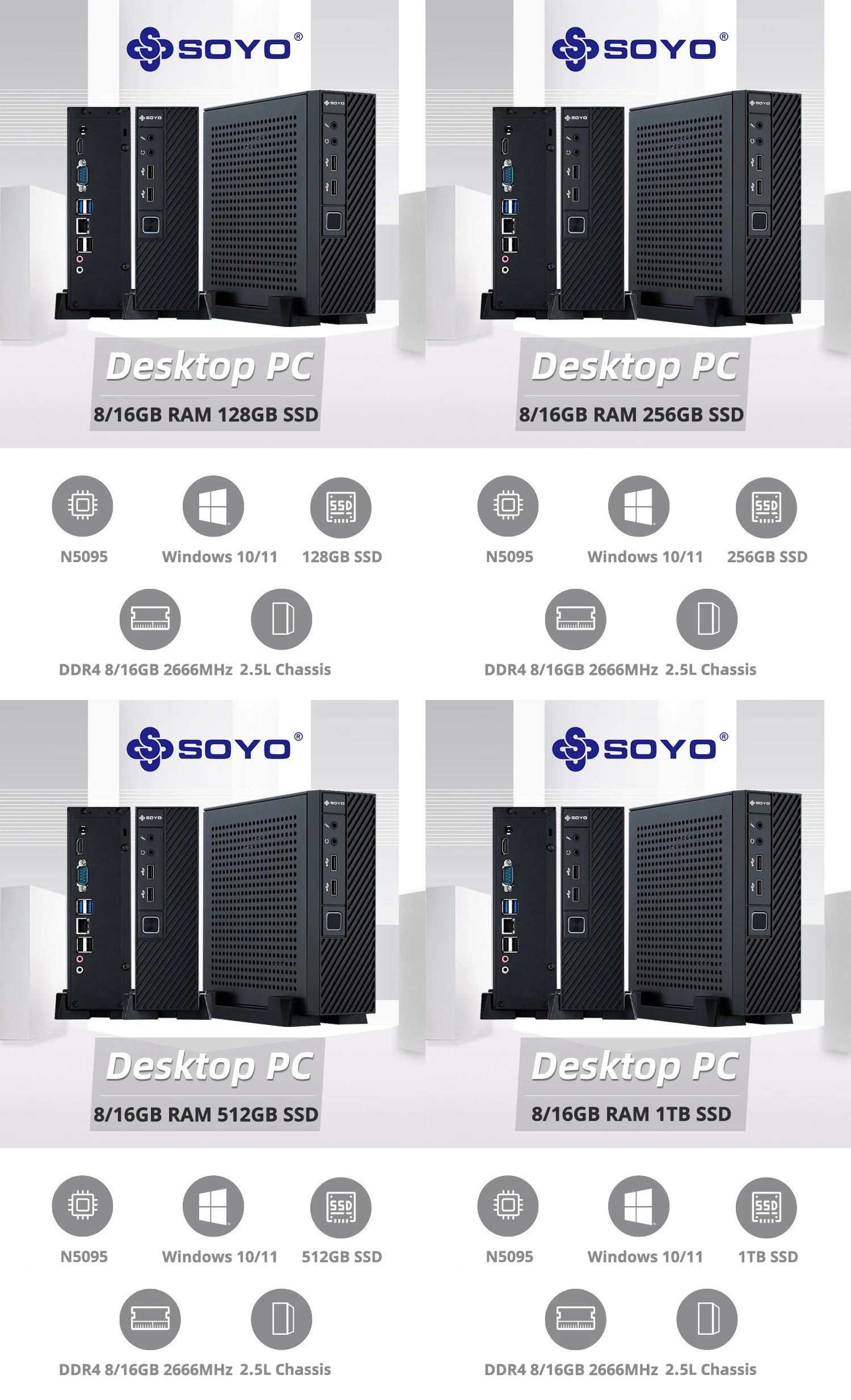 SOYO New Mini PC N5095 Intel 11th 8GB 16GB DDR4 M.2 256GB 512GB 1TB SSD Windows11/10 4K 60Hz HDMI VGA Office Gaming Computer