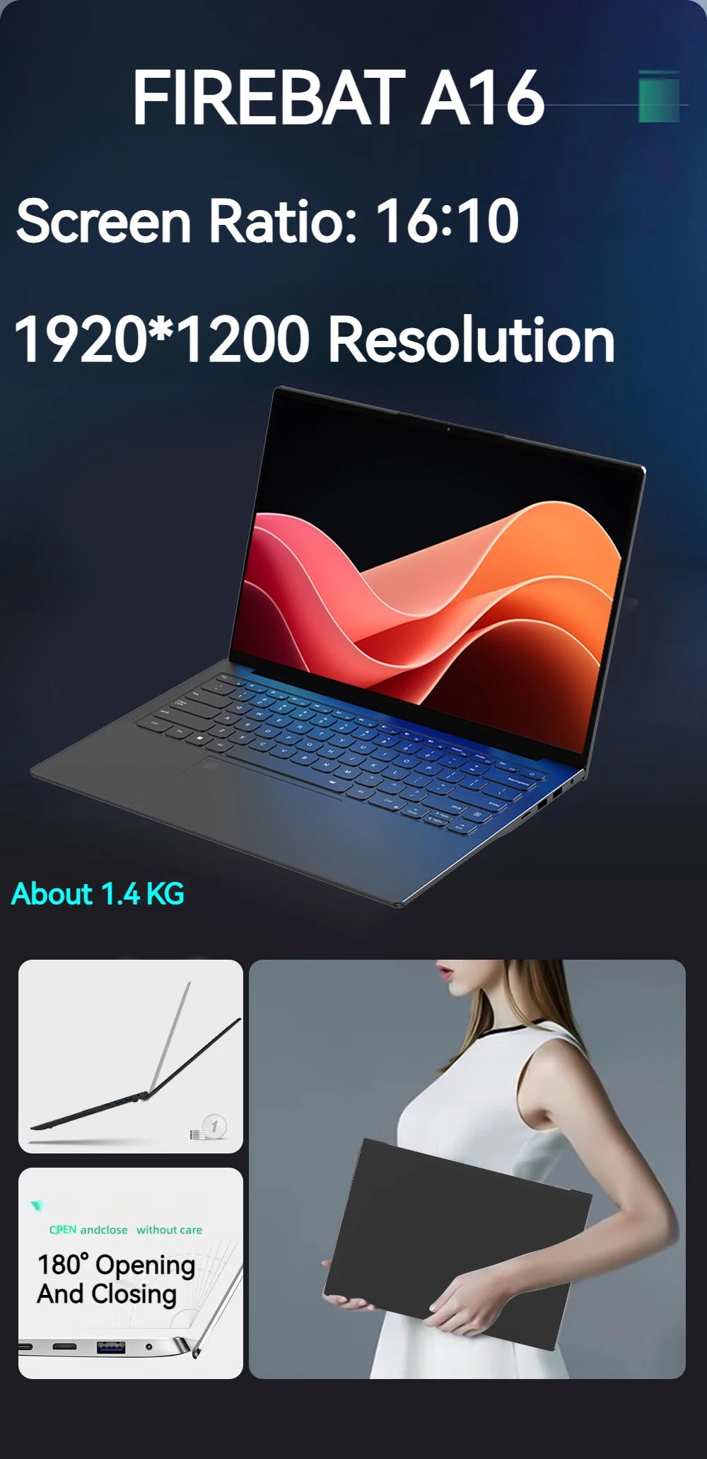 FIREBAT A16 16 Inch 100%sRGB Ultra Slim DDR4 16G RAM 1TB 1920*1200 Fingerprint Portable Intel N100 N5095 Notebook Laptop