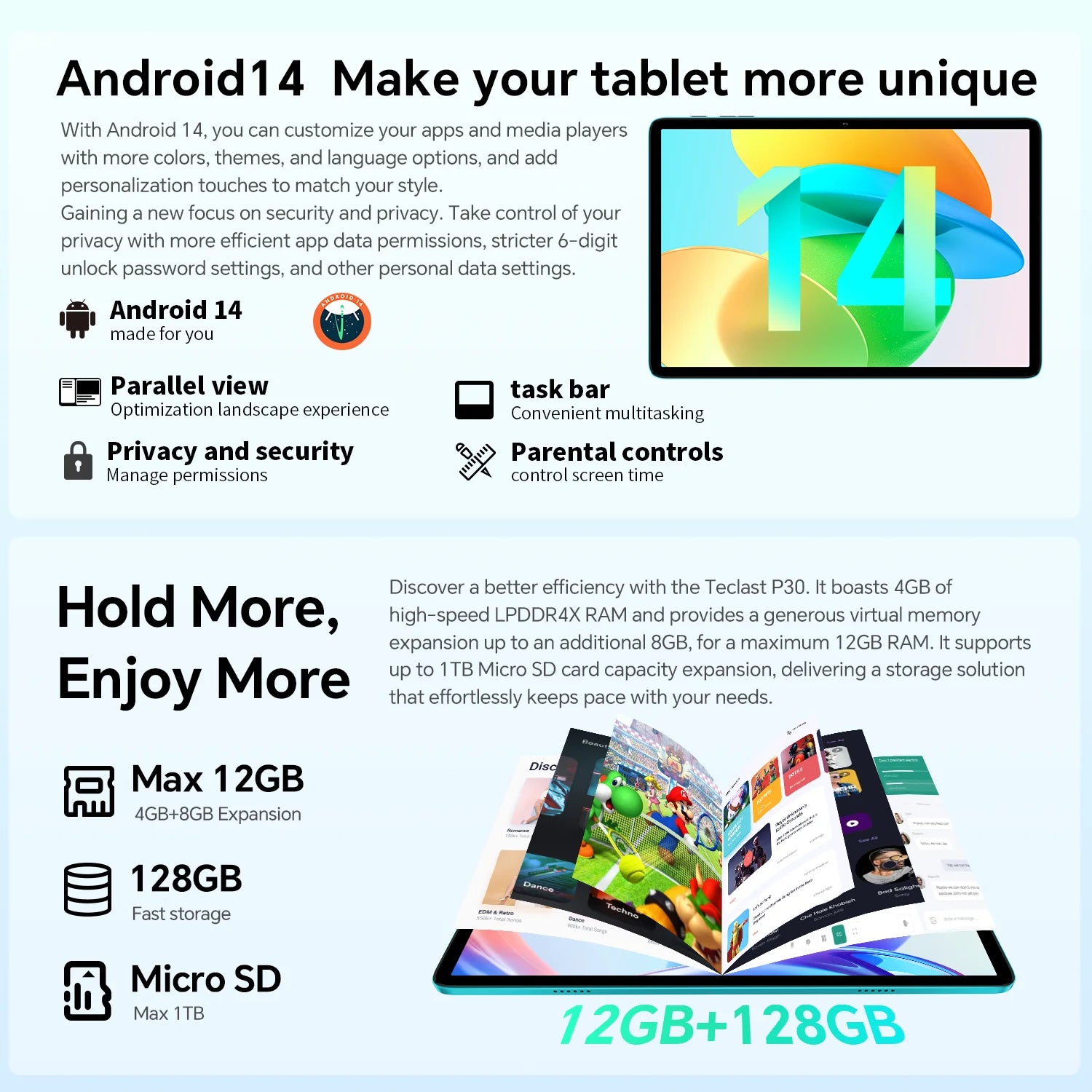 Teclast P30 Android 14 Tablet 10.1 Inch, (4Gb+8Gb Expansion)12Gb Ram, 128Gb Rom, Unisoc T606, Dual Cameras, Face Unlock