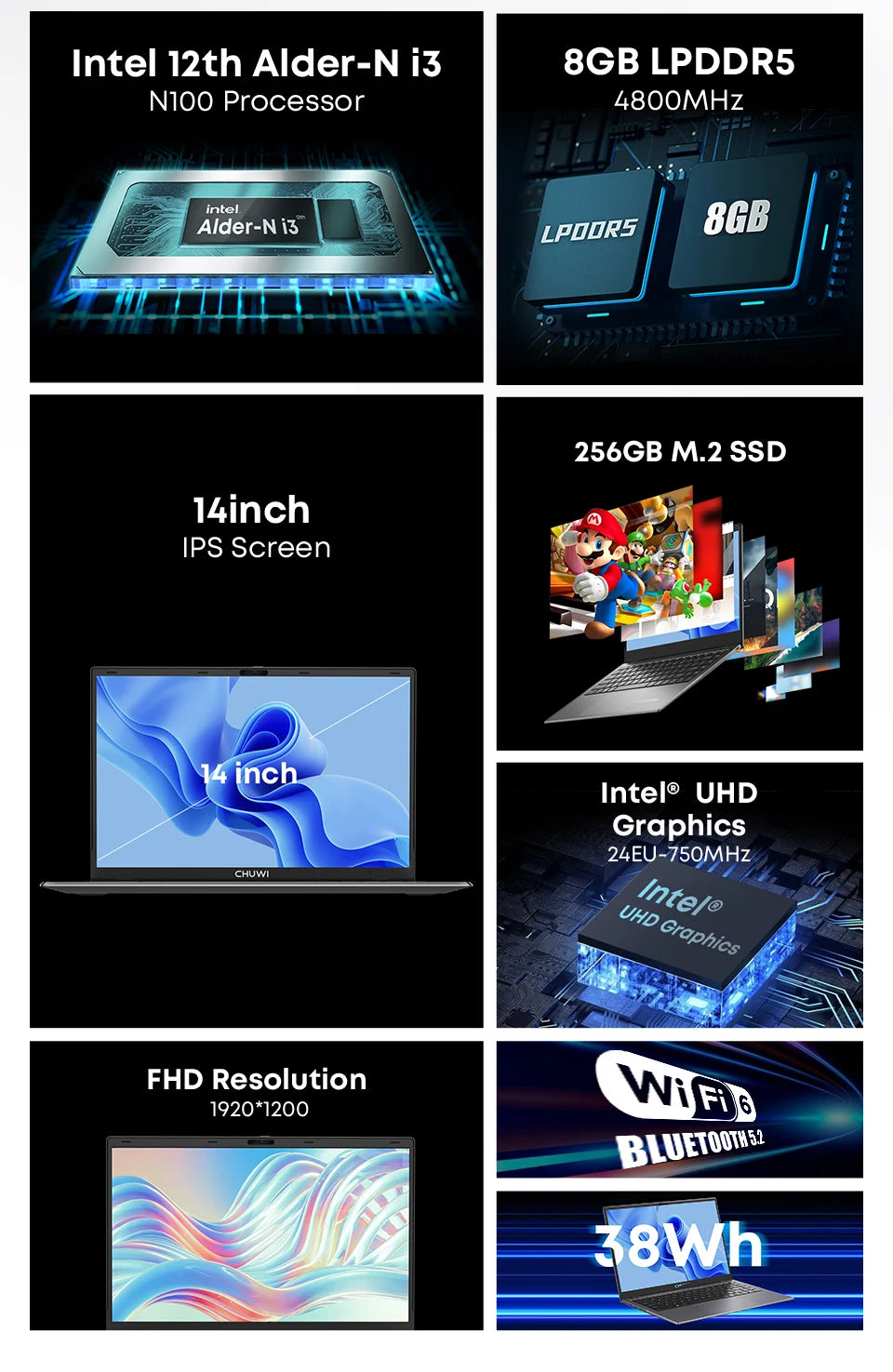 CHUWI GemiBook XPro 14inch UHD Screen Laptop 8GB/16GB RAM 256GB SSD Intel N150 / N100 Windows 11 Computer with Fan Notebook