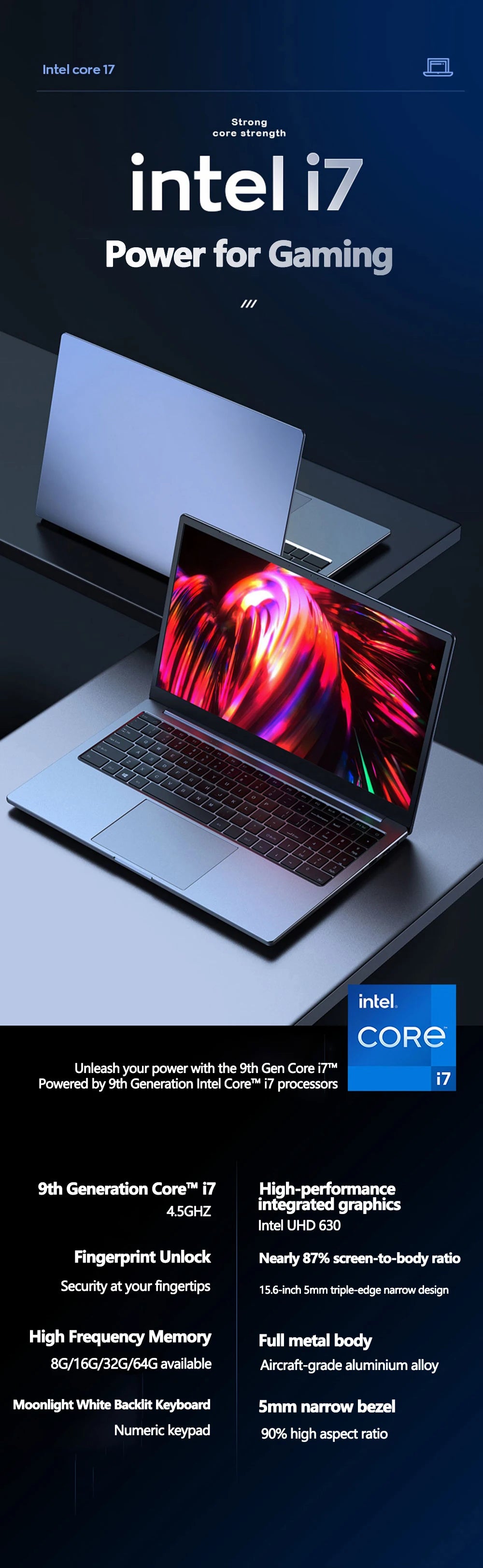 15.6inch Gaming Laptop Intel Core I7-9750H 64GB RAM 2TB SSD DDR4 Win 11 5000mAH Camera Fingerprint Unlocking Portable Computer