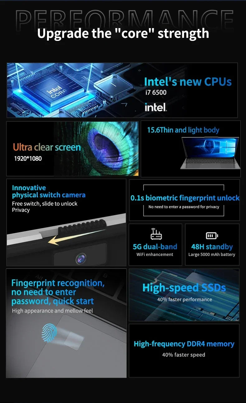 15.6 inch Intel Core I7 6500U Windows 11 Pro Laptop Computer 16GB DDR4 512GB 1TB SSD Portable Notebook PC Gamer Gaming Laptops