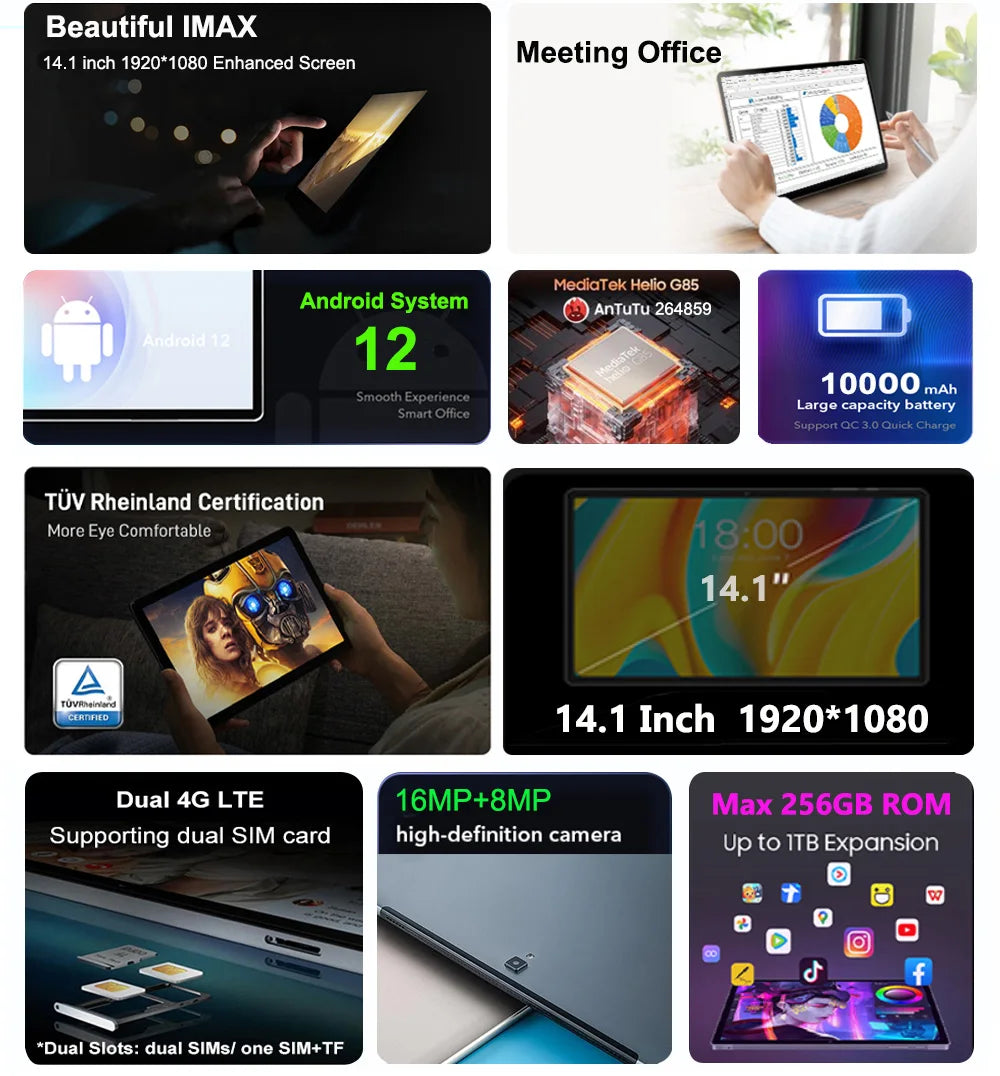 Global Version Unopened 14.1 Inch Tablet 14 Inch Android 2025 12GB+256GB 1920*1080 4G Phone Call 14inch Tablet 5G WiFi 10000mAH