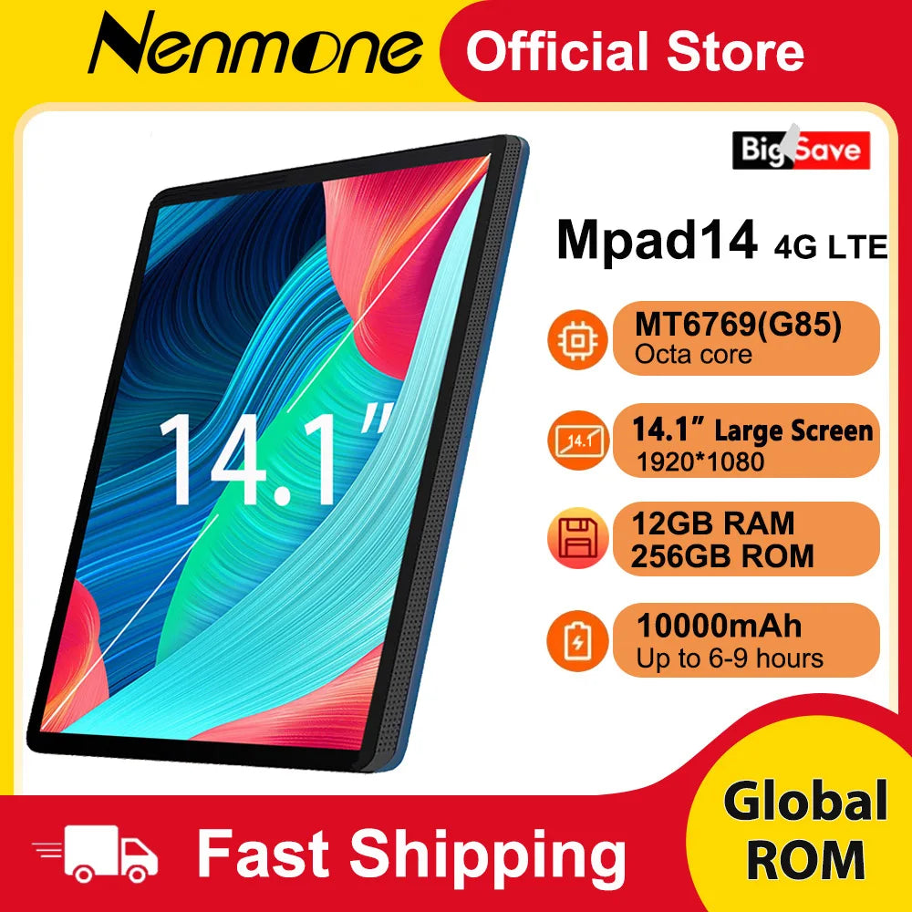 Global Version Unopened 14.1 Inch Tablet 14 Inch Android 2025 12GB+256GB 1920*1080 4G Phone Call 14inch Tablet 5G WiFi 10000mAH
