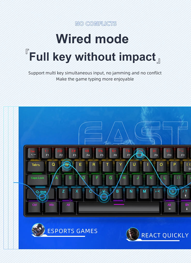 60% Portable Wired Mini Mechanical Keyboard, APAYADO K61 Mini Keyboard Wired,61 Keys Phantom RGB,Black,White,Red,Red/Blue Switch