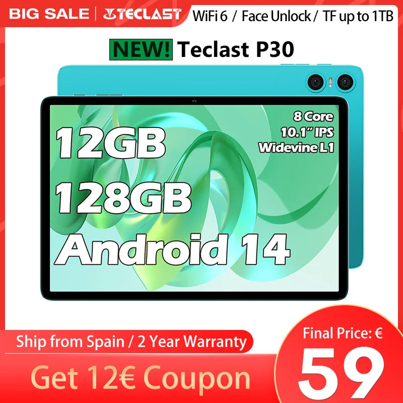 Teclast P30 Android 14 Tablet 10.1 Inch, (4Gb+8Gb Expansion)12Gb Ram, 128Gb Rom, Unisoc T606, Dual Cameras, Face Unlock