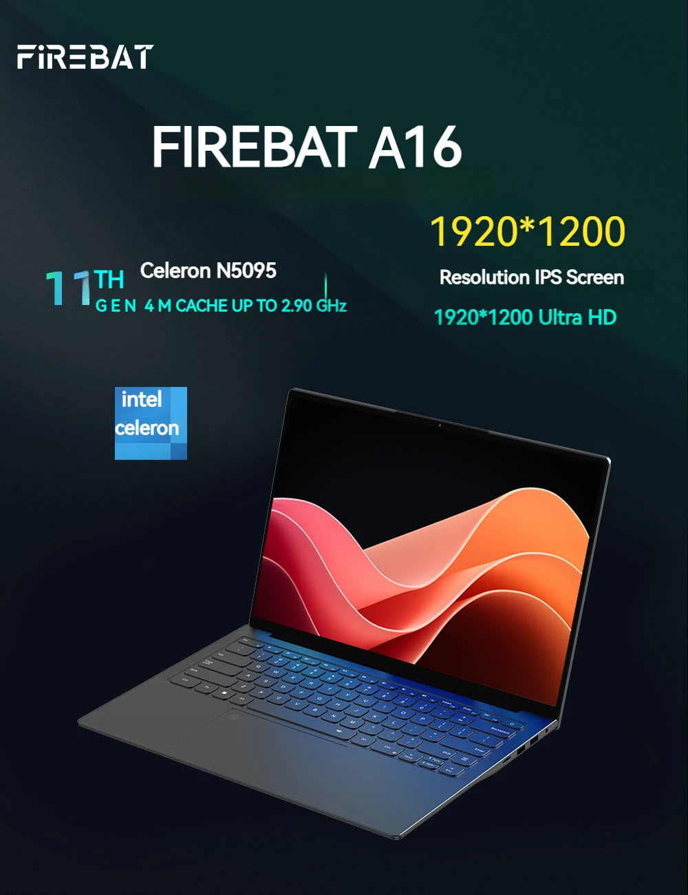 FIREBAT A16 16 Inch 100%sRGB Ultra Slim DDR4 16G RAM 1TB 1920*1200 Fingerprint Portable Intel N100 N5095 Notebook Laptop