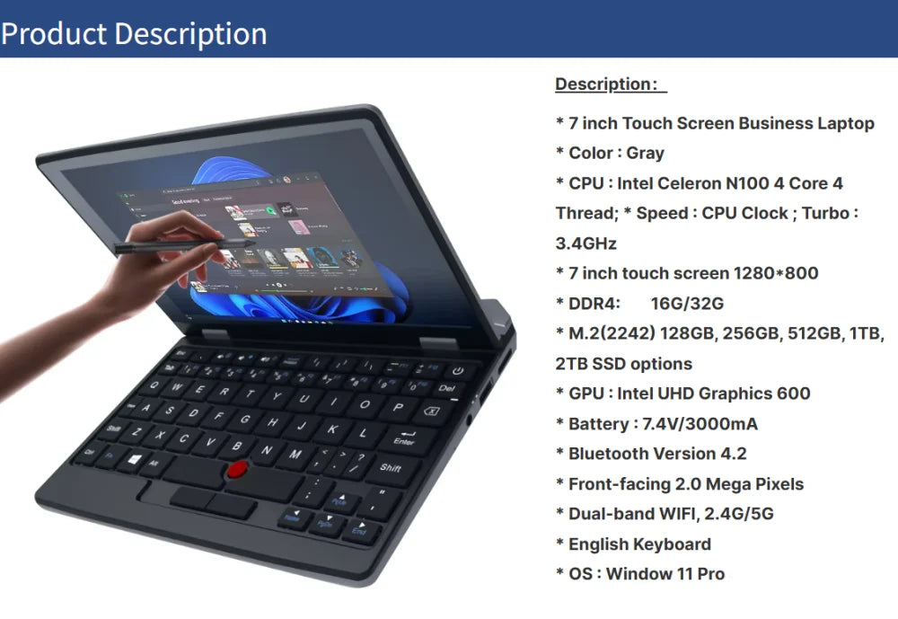 2025 Portable Mini Notebook Laptop Micro Computer 7 Inch Touch Screen Intel N100 16GB+512GB IPS Netbook Win 11 Pro PC 2.0MP CAM