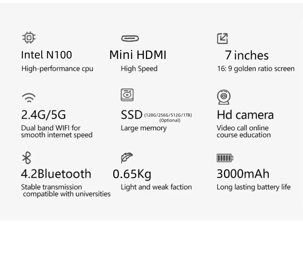2025 Portable Mini Notebook Laptop Micro Computer 7 Inch Touch Screen Intel N100 16GB+512GB IPS Netbook Win 11 Pro PC 2.0MP CAM