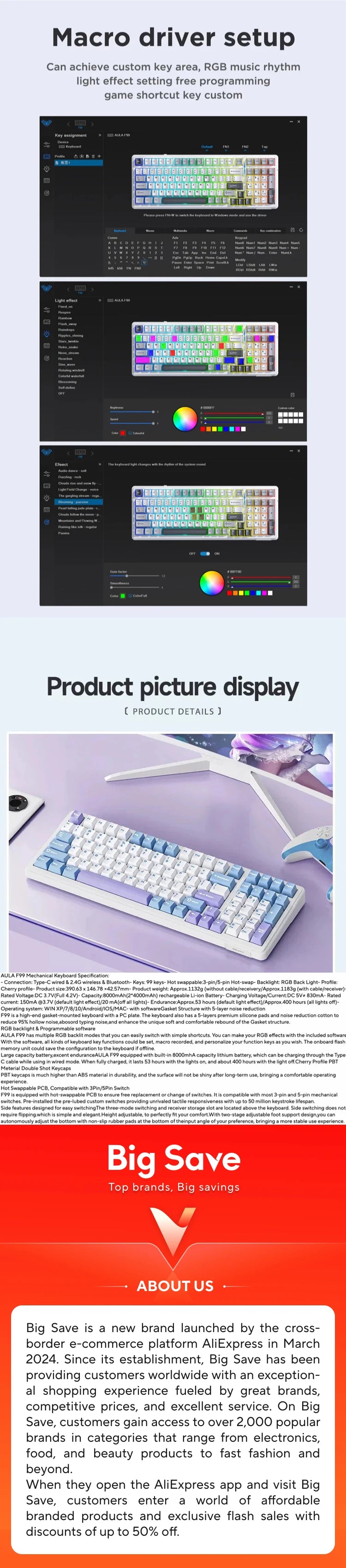 Aula F99 Gaming Mechanical Keyboard Three Mode 2.4g Wireless Bluetooth Wired Hot Swap PBT Gasket RGB For PC Laptop Gamer 99 Keys