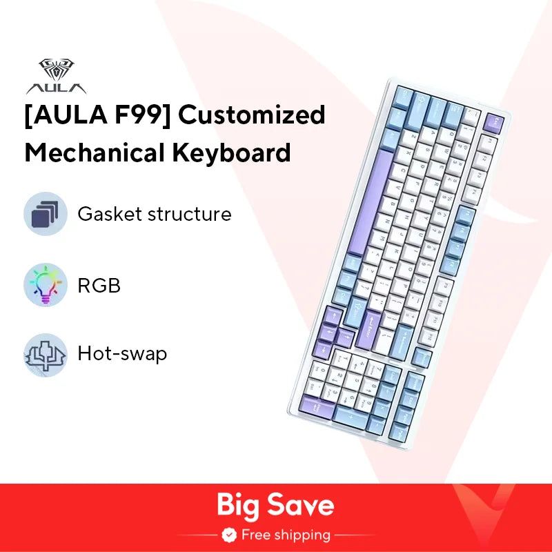 Aula F99 Gaming Mechanical Keyboard Three Mode 2.4g Wireless Bluetooth Wired Hot Swap PBT Gasket RGB For PC Laptop Gamer 99 Keys