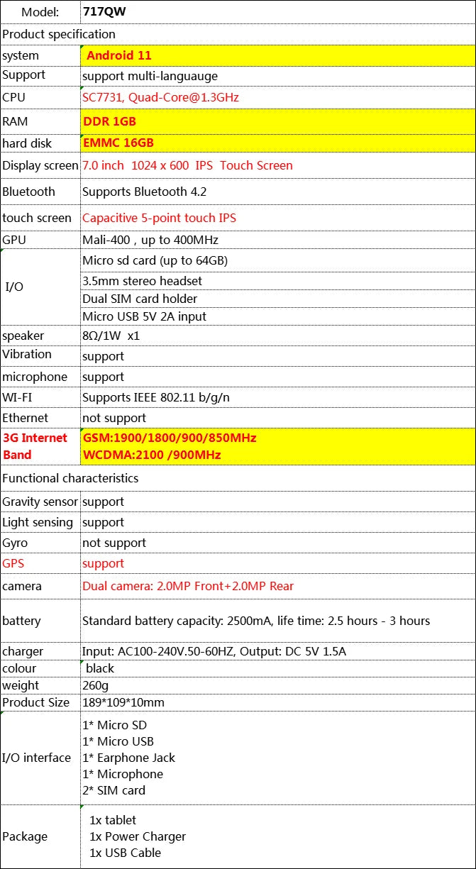 Dropshopping 7 INCH 717QW 3G Phone CALL Android 11 Gift Tablet RAM 1GB 16G ROM WIFI Dual Camera Quad-Core 1024*600 IPS Screen