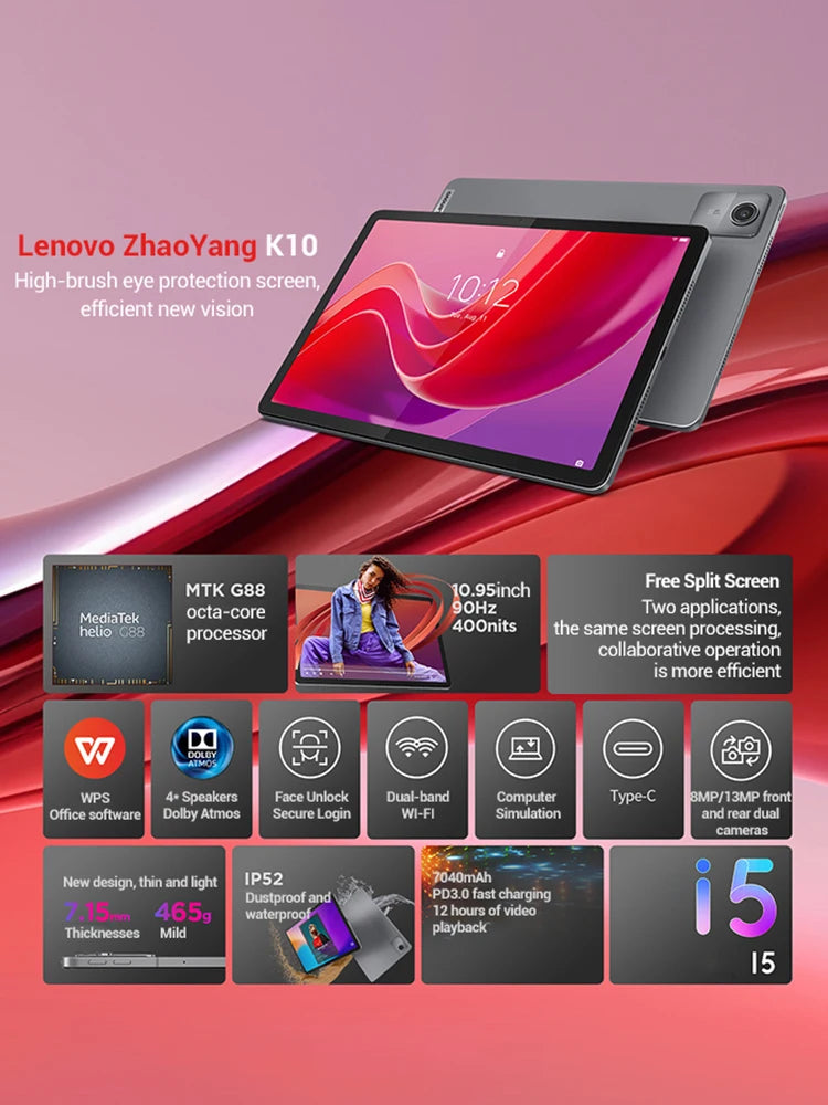 Global Rom Lenovo Tab K10 M11 Wifi MTK Helio G88 Zhaoyang Multi Language 10.95-inch 90hz 400nits Face Recognition 7040mAh