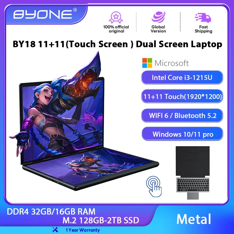 BYONE 11+11 Inch Dual Screen Laptop Intel Core I3 Gaming Laptop Dual Touch Screen Win11 Office Computer Tablet PC Notebook WiFi6